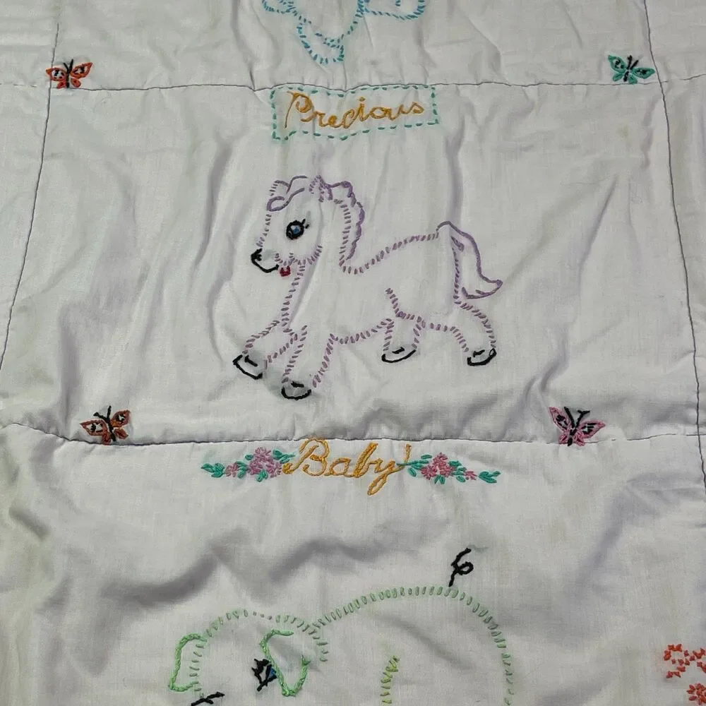 Vintage Baby Quilt Hand Embroidered Animals Pastel Crib Blanket‎ Handmade 36x30